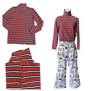 Vintage 60’s-70’s Women Long Sleeve Turtle Neck Striped Shirt, Zips In Back